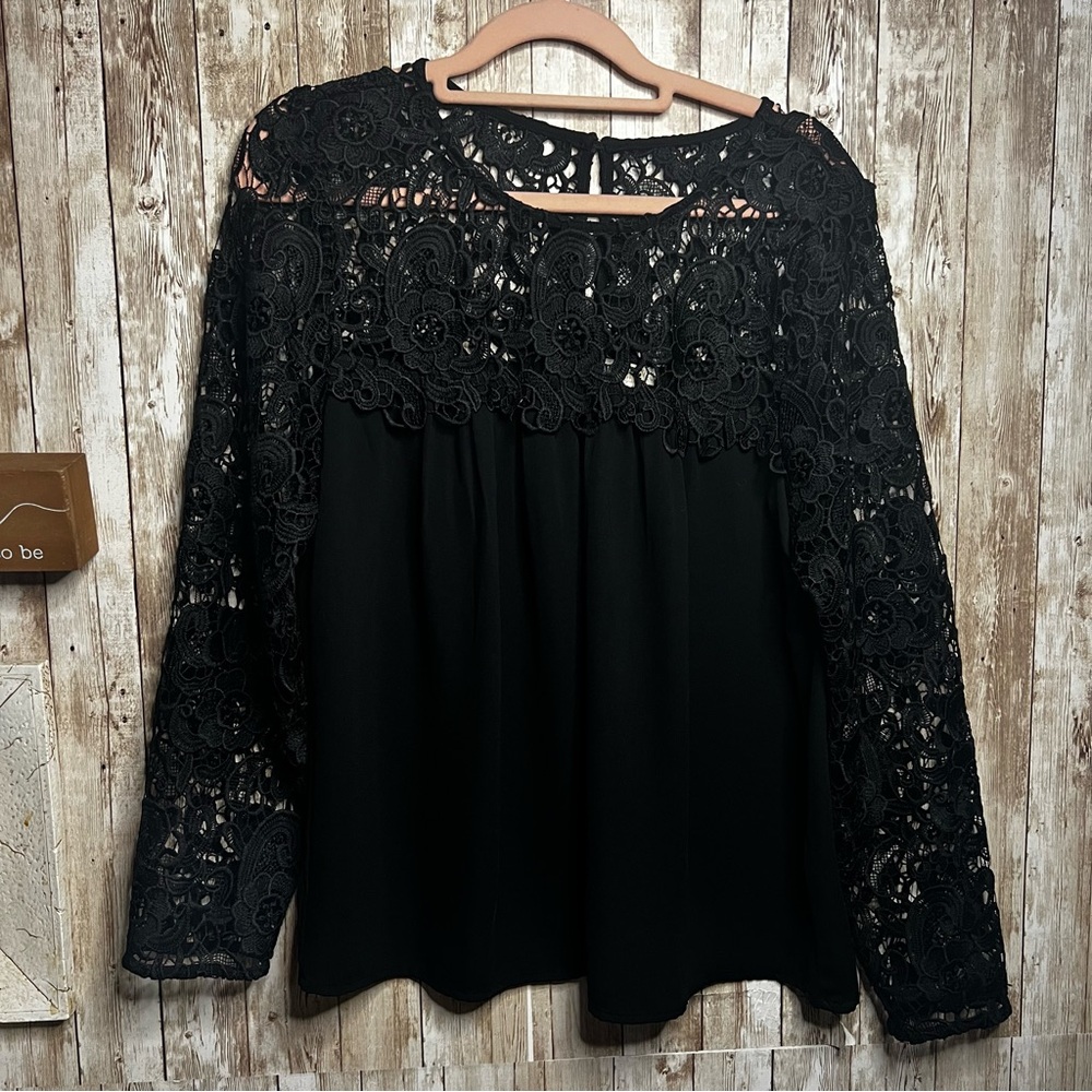 J. Crew Black Long Sleeve Lace Overlay Blouse Small